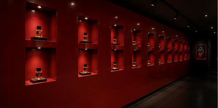 Recessed niche perfume wall for red art gallery corridors