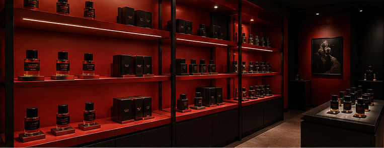 Red lacquer display rack for scent category partitions