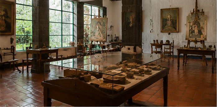 Latin domestic artifact island for central multi-visitor heritage viewing zone