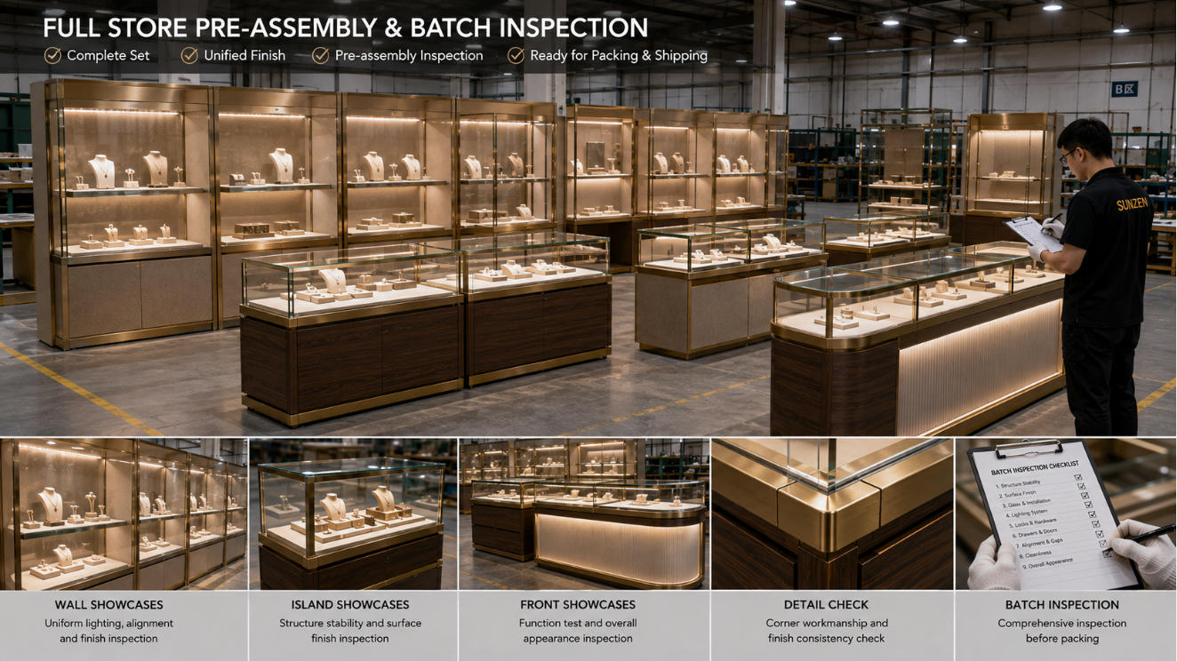 Full store jewelry showcase pre-assembly and inspection inside the factory