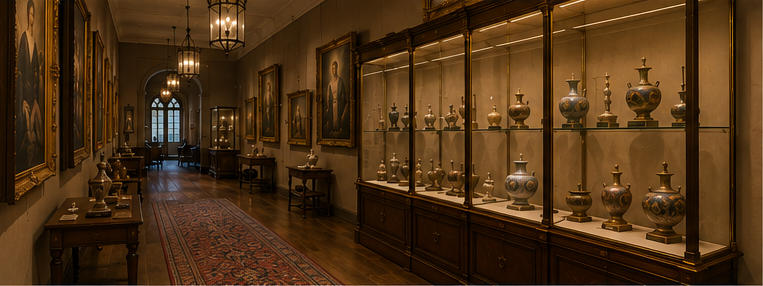 Brass trimmed palace vitrine for long classical immersive galleries