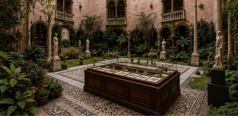 Venetian courtyard artifact island for central courtyard multi-viewing zone