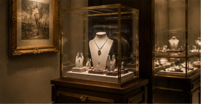 Dark wood plinth luxury high jewelry window display stand