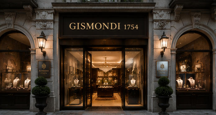 Full Italian heritage luxury jewelry salon interior Genoa