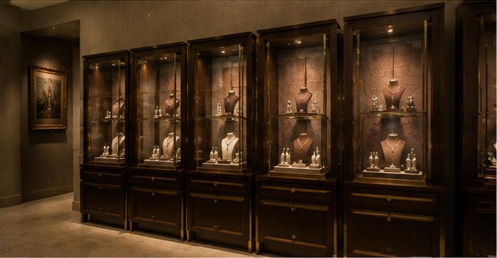 Salon wall vitrine dark wood brass Italian jewelry showcase