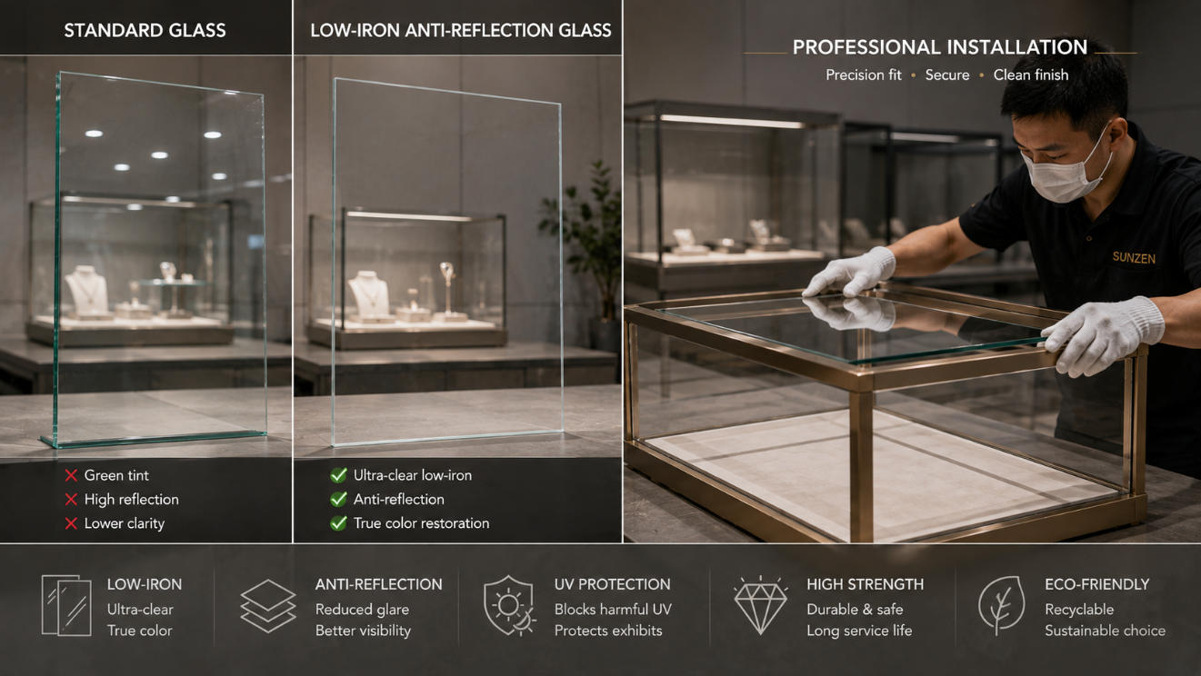 Jewelry showcase glass comparison and high clarity glass processing
