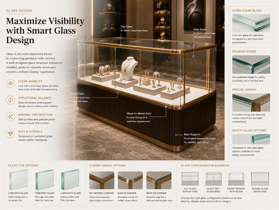 Glass display case design showing transparent viewing surfaces frame details joints and product visibility