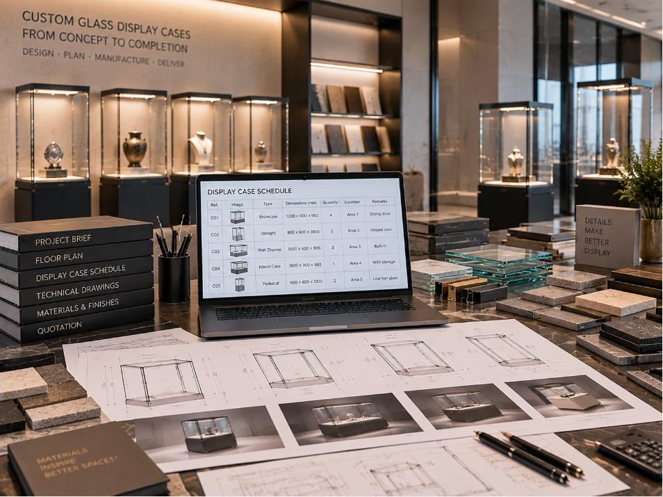 Glass display case supplier coordinating case references dimensions quantities glass configurations and specifications in a commercial project schedule