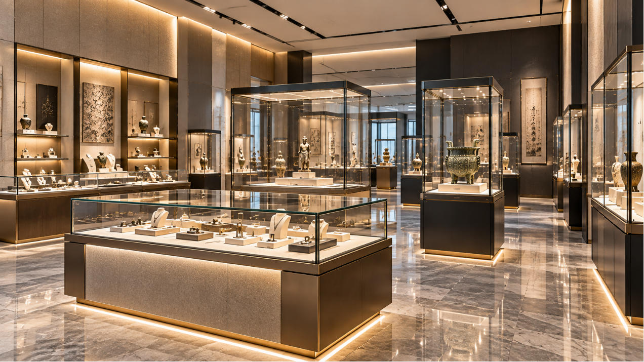 Custom glass display case supplier coordinating glass structure lighting access and custom cases for retail and exhibition projects