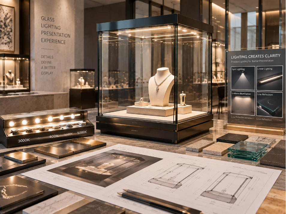 Glass display case supplier coordinating integrated lighting reflections viewing angles and product presentation inside custom glass cases