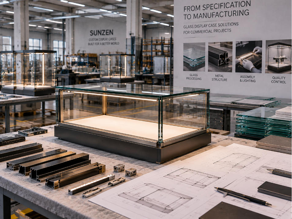Glass display case supplier connecting approved glass structures materials lighting and hardware specifications with showcase manufacturing