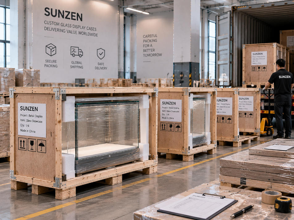 Custom glass display cases protected identified and prepared for organized commercial project packing and delivery
