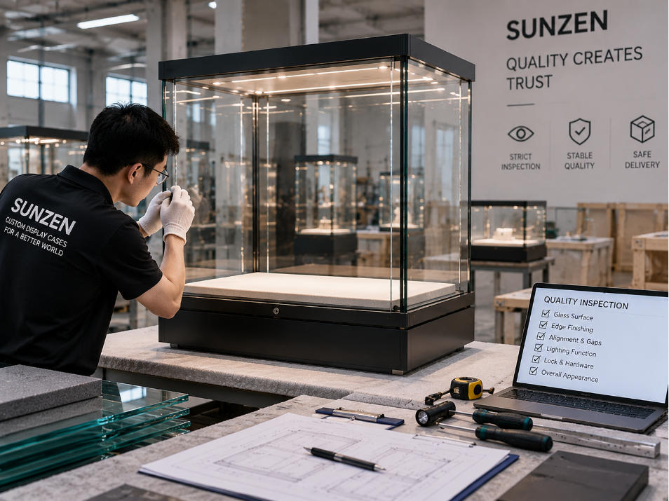 Glass display case supplier quality inspection checking glazing alignment doors hardware lighting structure and finish before packing