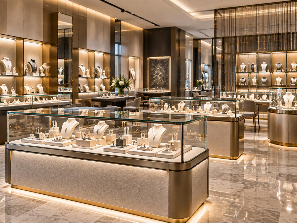 Custom glass display cases coordinated for retail product presentation staff access lighting security and commercial store operation