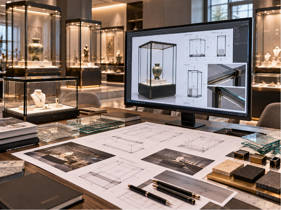 Glass display case supplier planning glass visibility panel configuration viewing directions and commercial display requirements