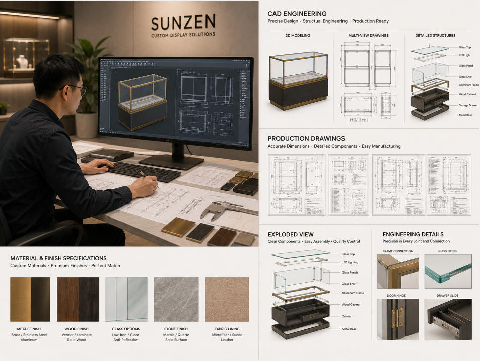 Glass showcase CAD engineering and production drawings for custom display case manufacturing