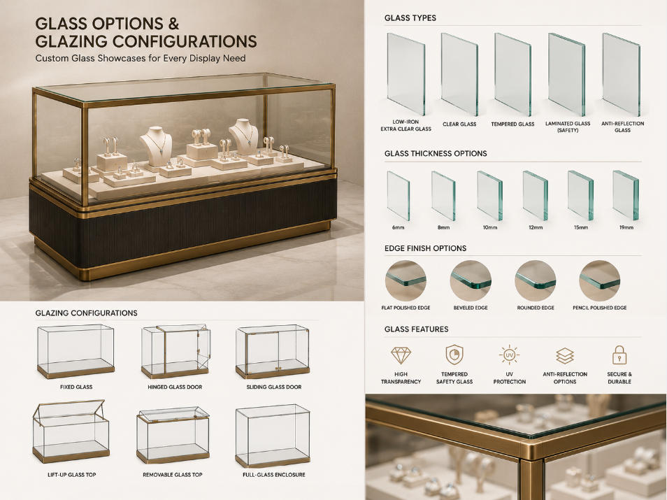 Glass options and glazing configurations used by custom glass showcase manufacturers