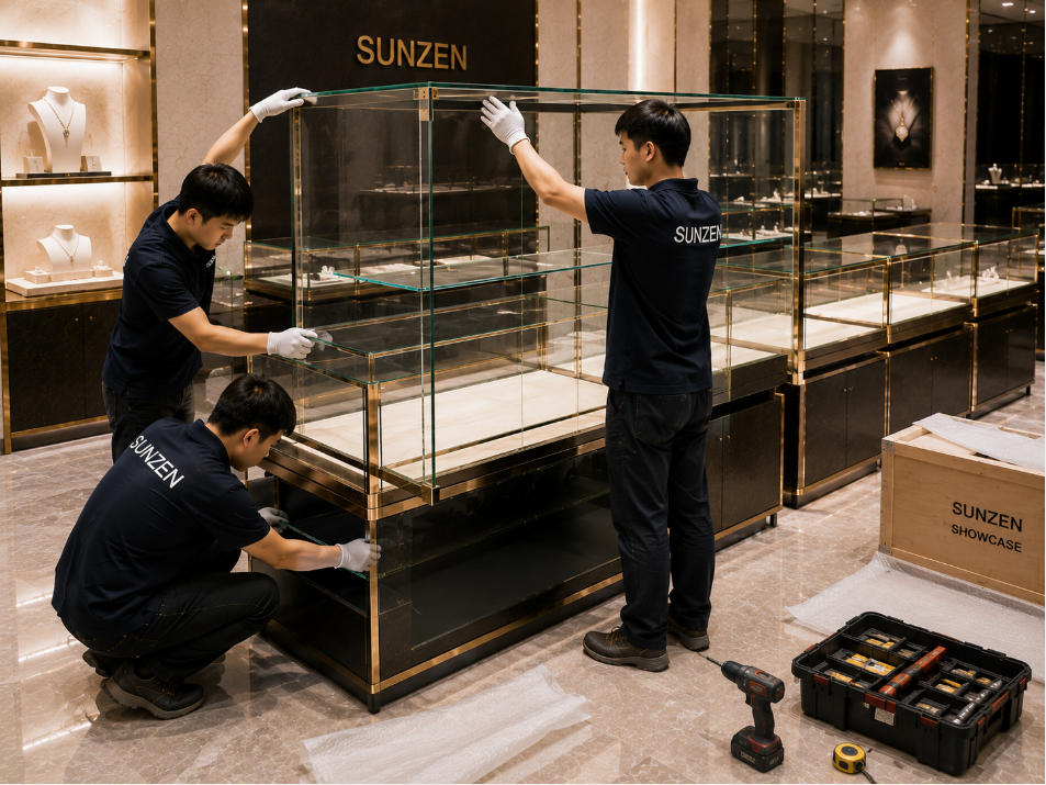 Professional glass showcase installation with technicians fitting glass panels doors shelves and metal frame components