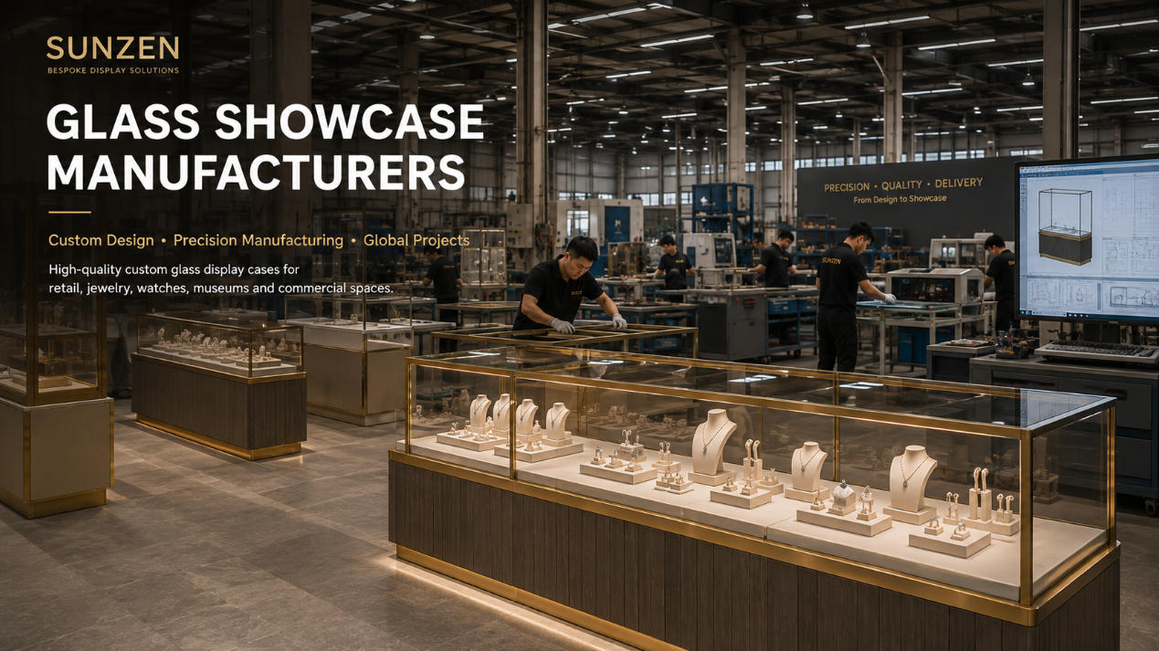 Glass showcase manufacturers producing custom glass display cases for retail and commercial projects