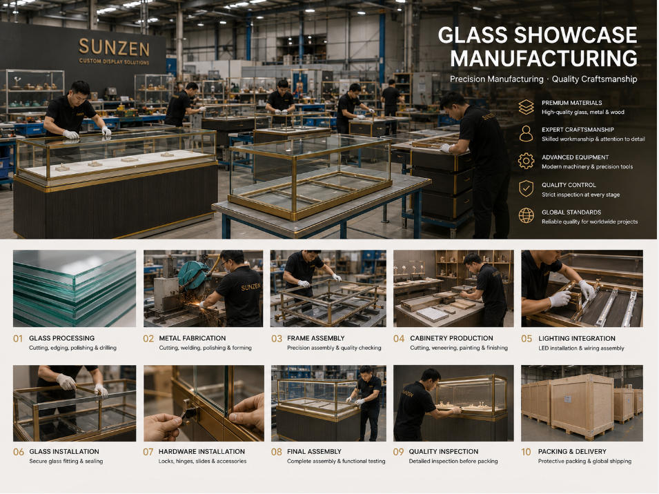Glass showcase manufacturing with glass metal cabinetry lighting and final assembly