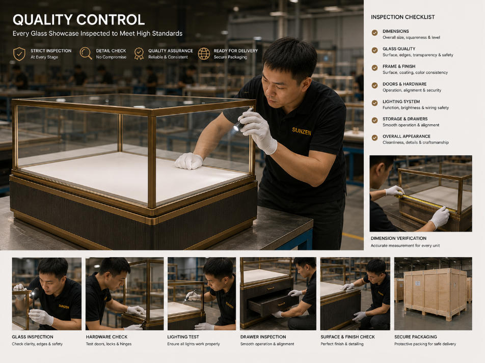 Quality control inspection for custom glass showcases before packing and delivery