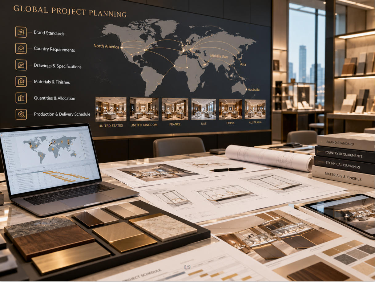Global display case project planning coordinating brand standards country requirements drawings materials quantities and project schedules