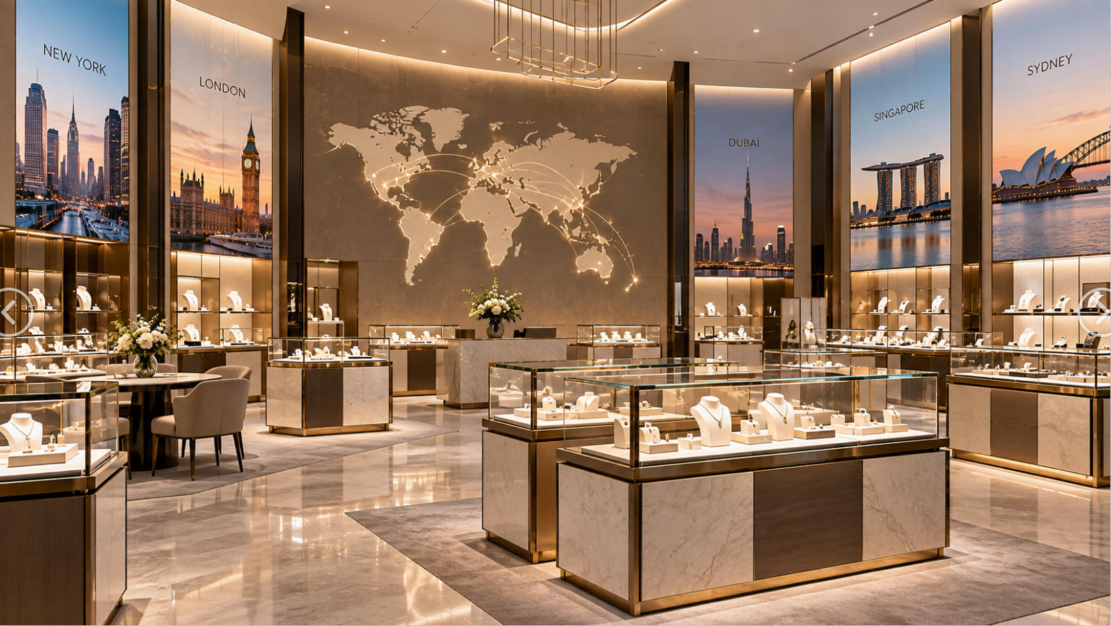Completed international retail environment using coordinated custom display cases developed for a global multi country rollout