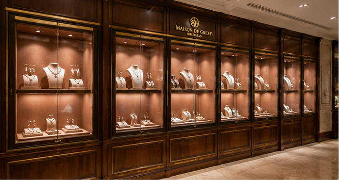 Walnut leather lined wall cases for European high jewelry