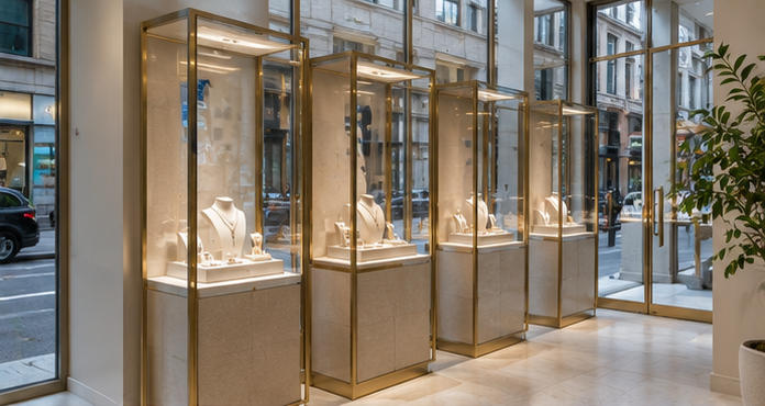 Thin champagne metal framed ultra clear vitrines