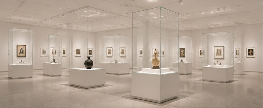 White metal exhibit case for spiral circulation corridor