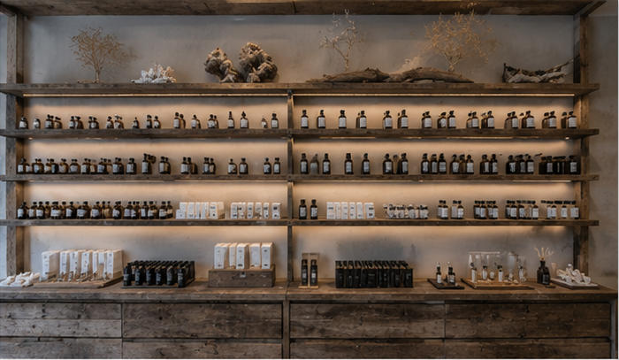Reclaimed wood open shelves for marine botanical perfume bottles