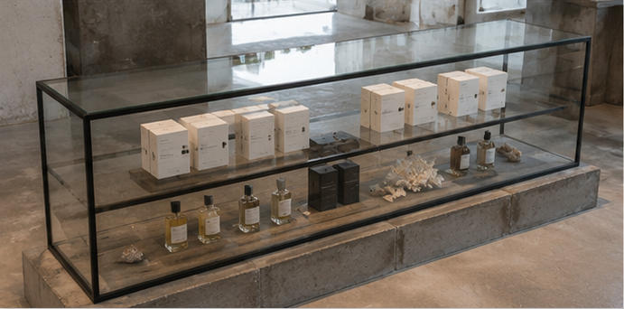 Slim black steel low vitrines limited coastal fragrance