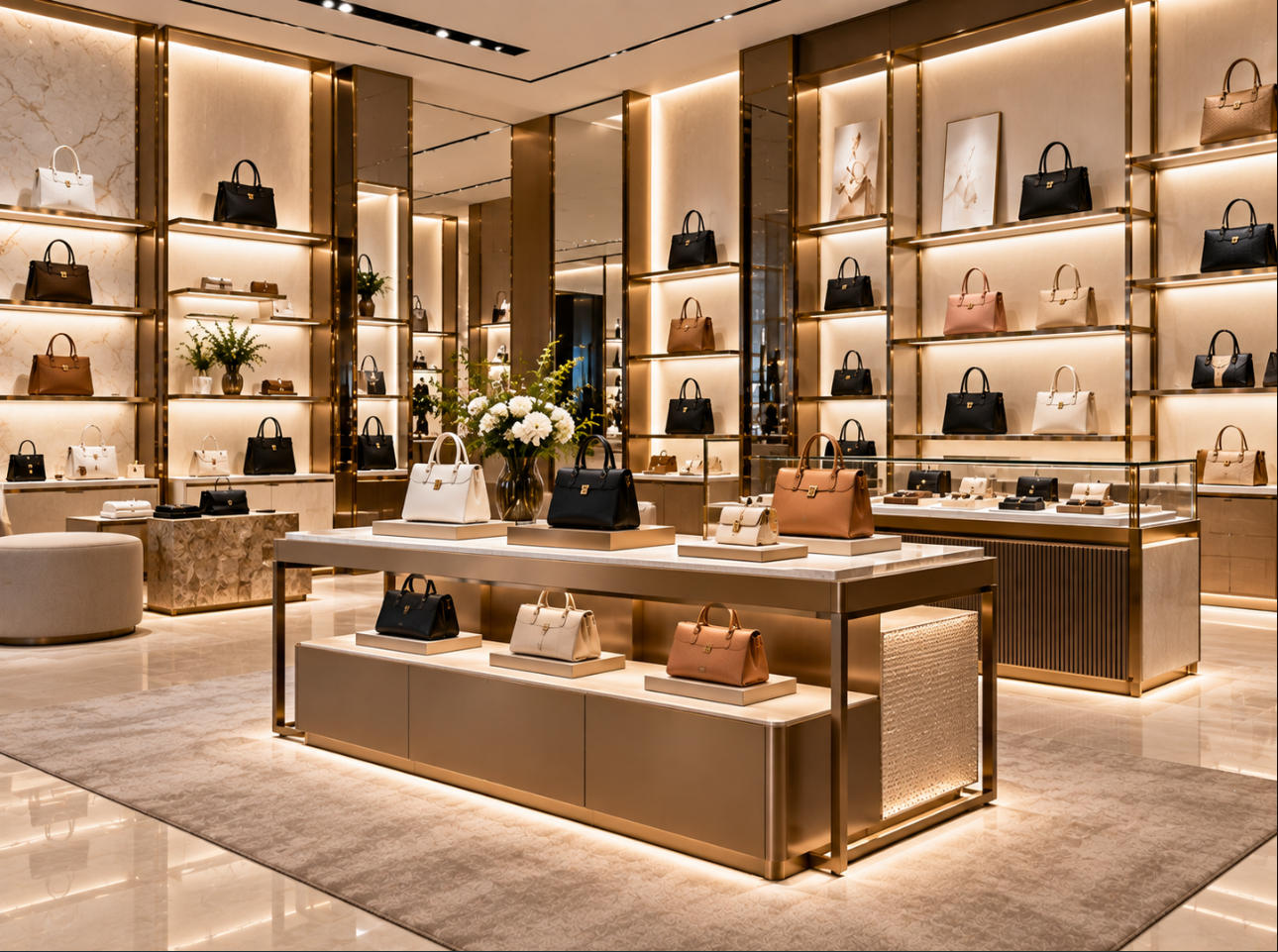 Custom luxury handbag display fixtures manufactured by SUNZEN factory for boutiques and global fashion brands
