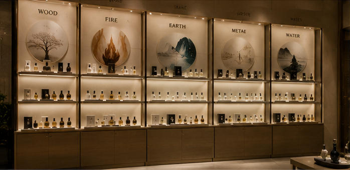 Glass boutique vitrine for five-element themed scent walls