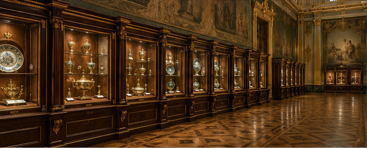 Wood brass vitrine for unified palace interior layout