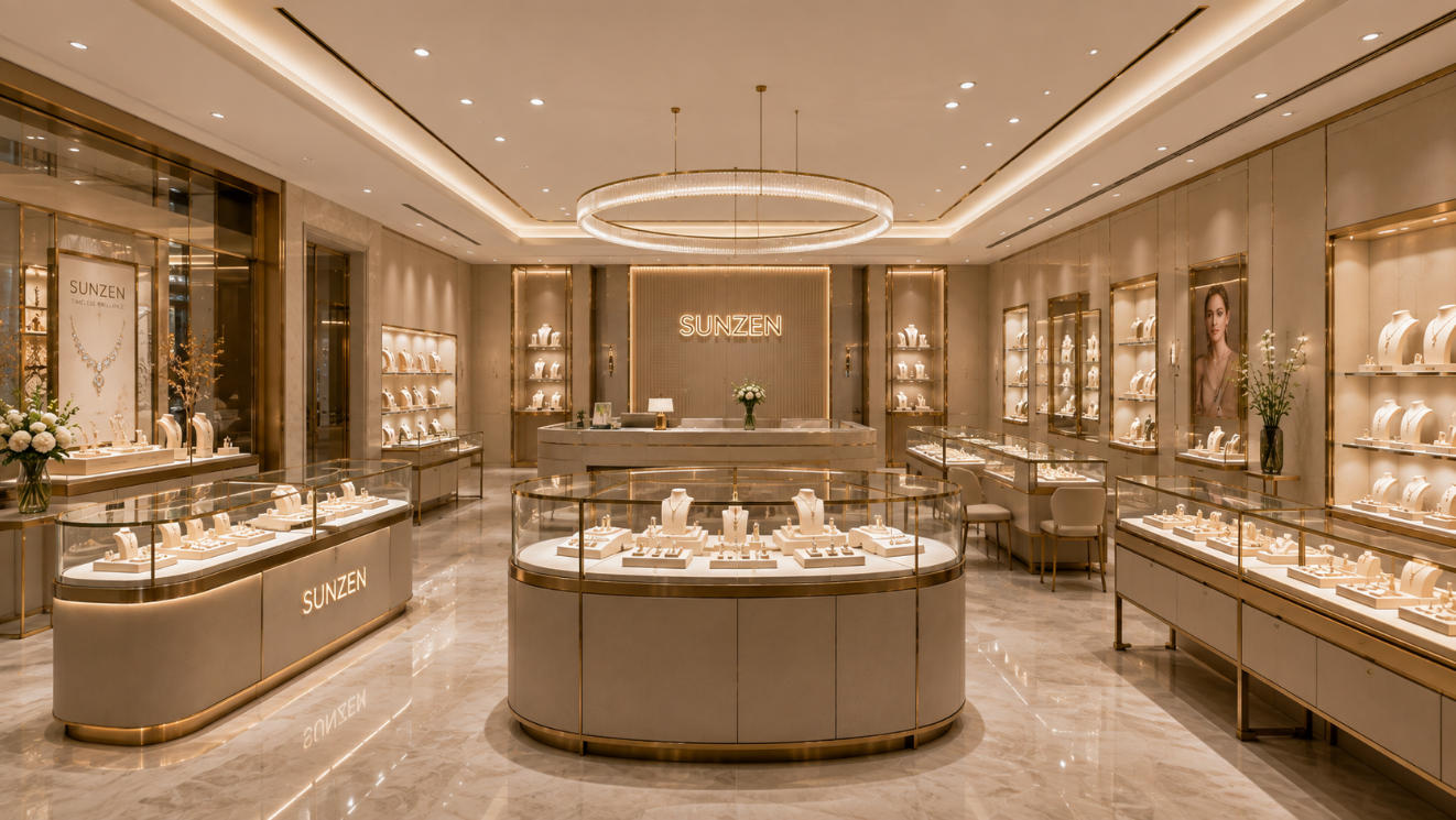 Complete jewelry store fixtures manufactured for a luxury jewelry boutique