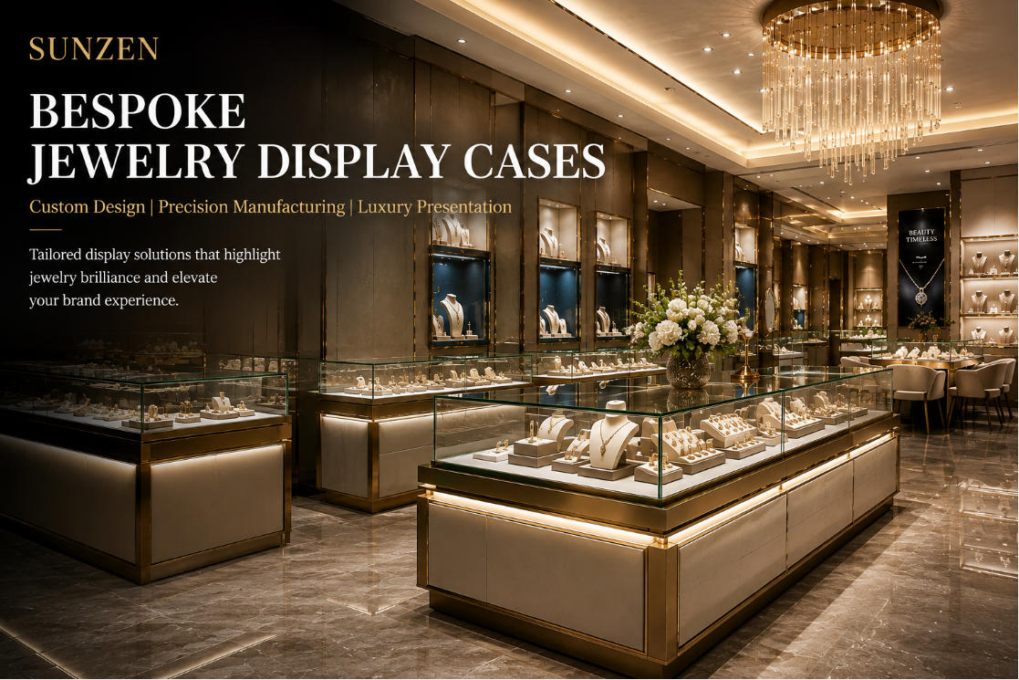 Custom jewelry display case designed with glass lighting materials security and storage for luxury jewelry stores