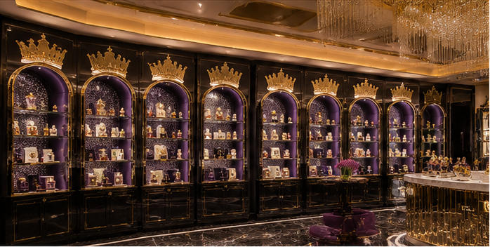 Crystal crown wall vitrine for signature jewelry perfume gallery