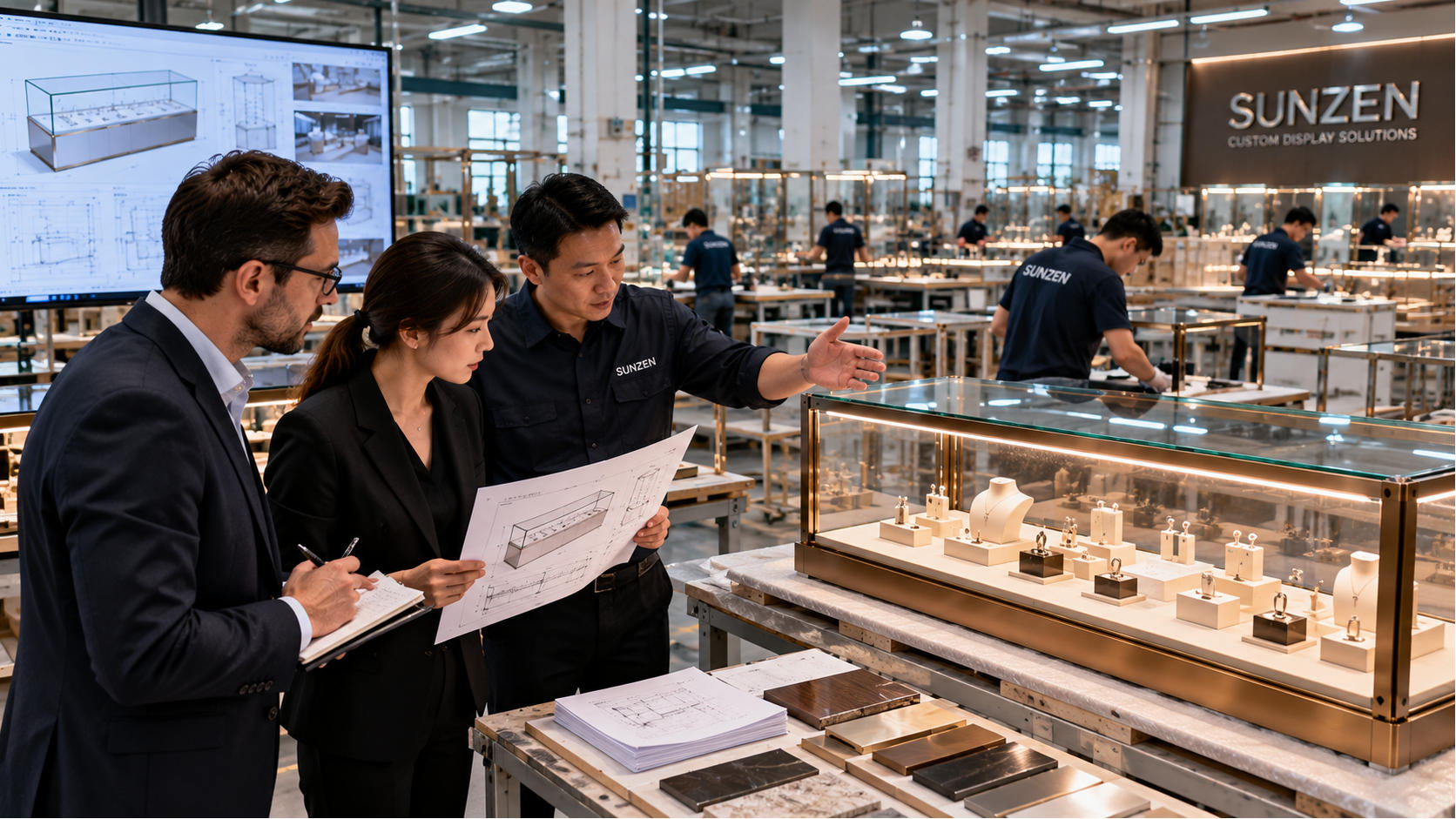 Overseas buyer verifying a display case manufacturer through factory workshop equipment workers production and quality control