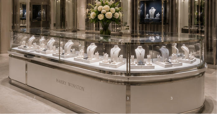 Rounded corner high jewelry island cabinet for central exhibition