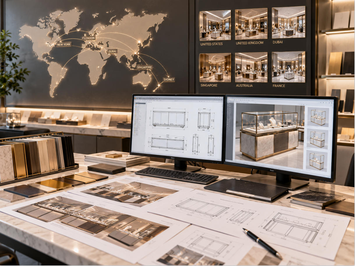 Custom display case engineering adapting approved retail display standards to dimensions materials and requirements for different countries