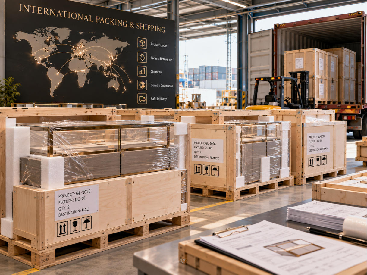 International display cases packed and identified by project code fixture reference quantity and country destination before shipment