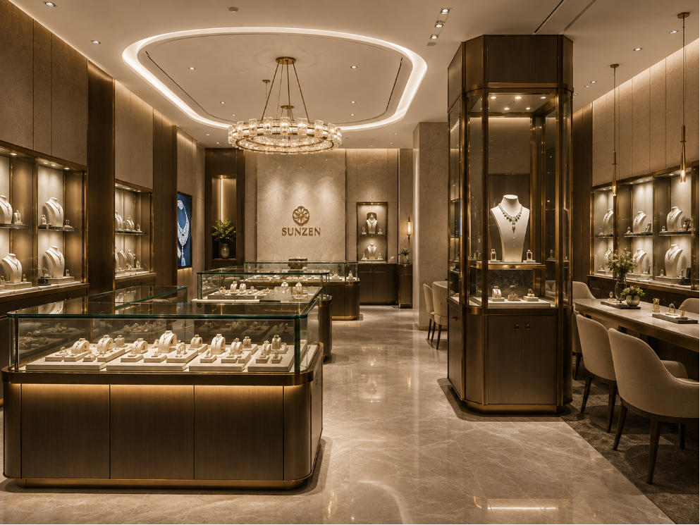 Jewelry boutique design with custom display fixtures and professional lighting