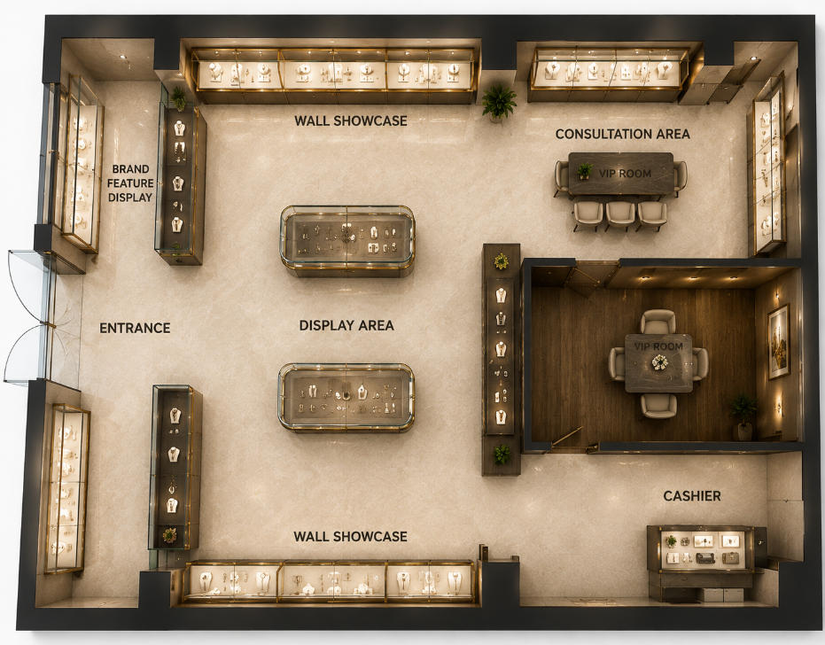 Jewelry boutique layout planning with customer circulation and display zones
