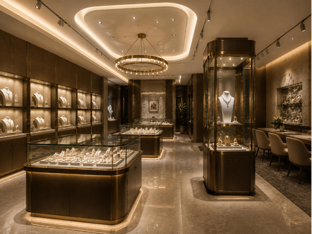 Jewelry store lighting design with integrated showcase illumination