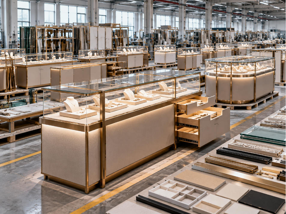 Jewelry chain fixture manufacturing producing coordinated display cases counters and retail fixtures for multiple stores
