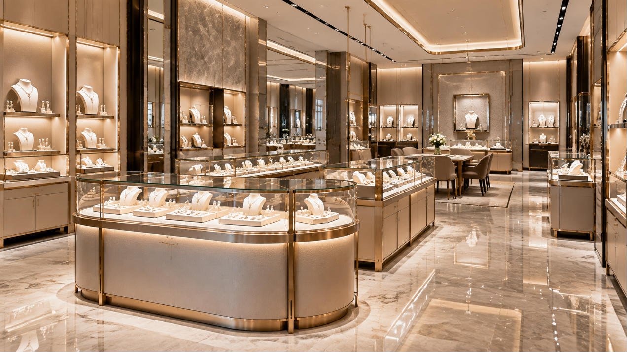 Completed jewelry chain retail environment using coordinated fixtures and display systems for multiple store locations