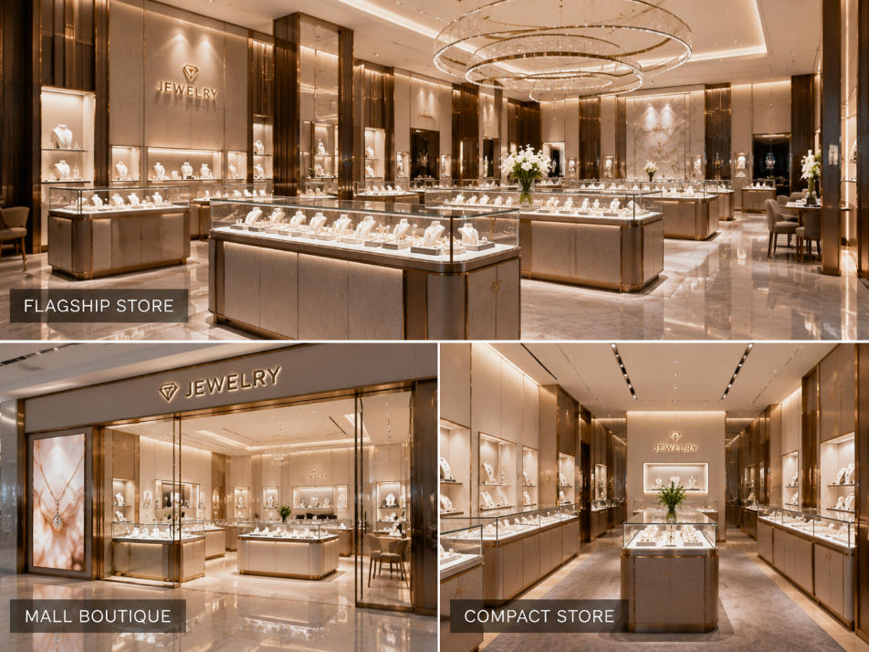 Jewelry chain store display cases adapted to flagship mall and compact retail locations while maintaining brand consistency