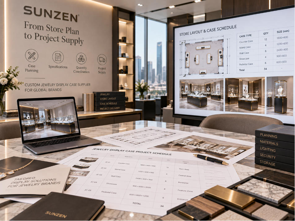Jewelry display case supplier coordinating case references quantities specifications and store zones in a commercial jewelry project schedule