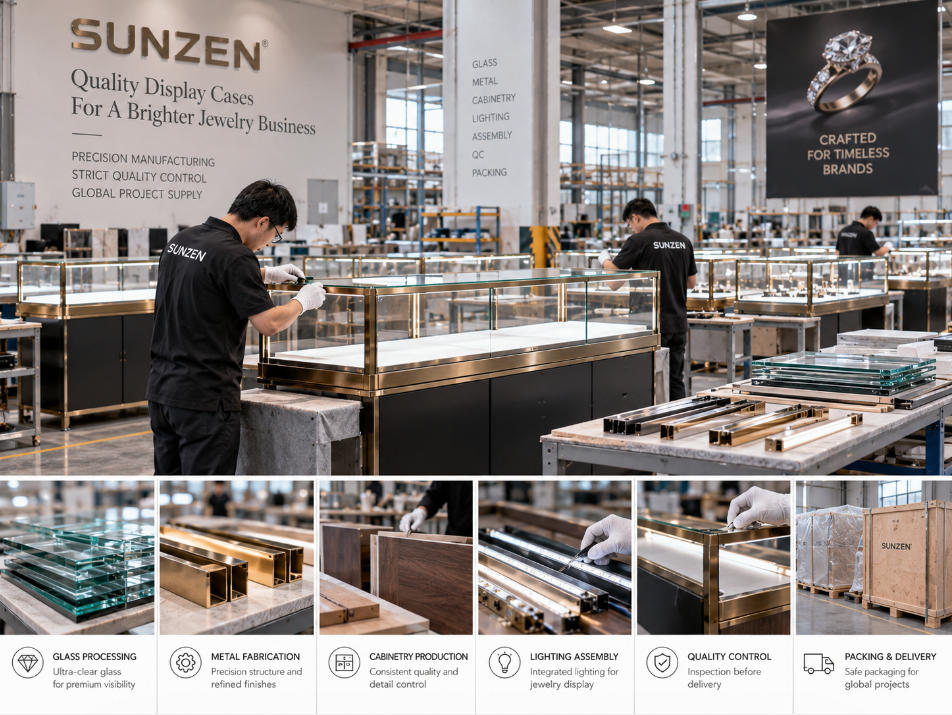 Jewelry display case supplier project moving into factory glass metal cabinetry lighting assembly and quality control
